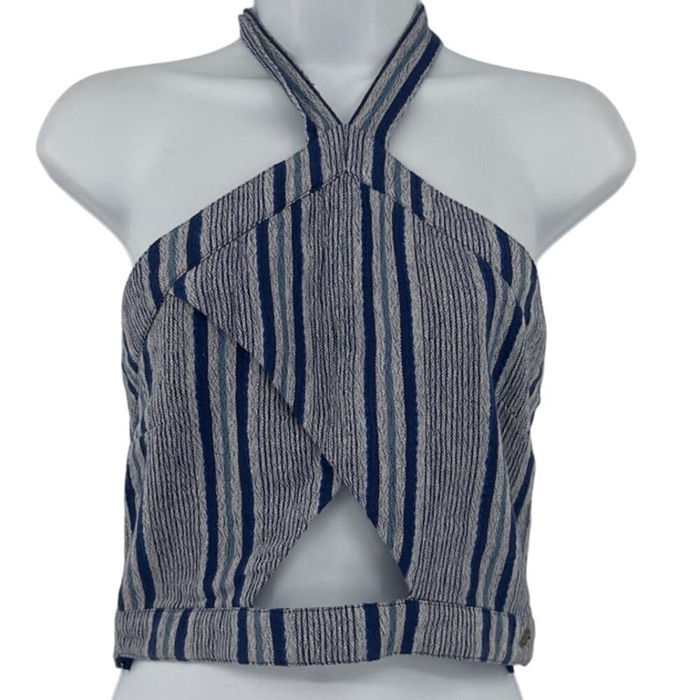 Roxy Bandeau Crop Halter Womens Top Sz L Boho Coastal Y2K Beach Smocked Striped